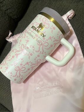 LoveShackFancy Stanley Pink and Gold bow flip top